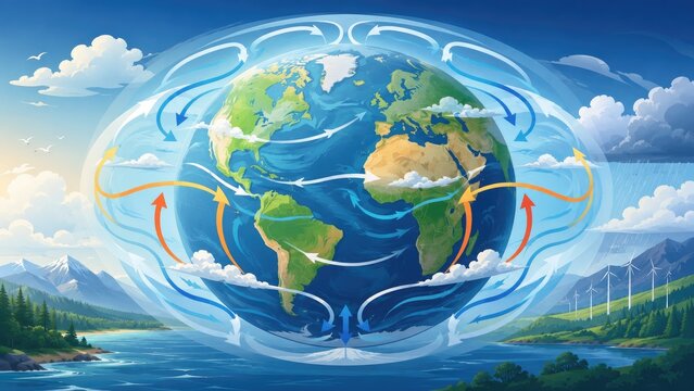 Colorful illustration of planet Earth with global atmospheric circulation arrows, clouds, oceans, landscapes and wind turbines