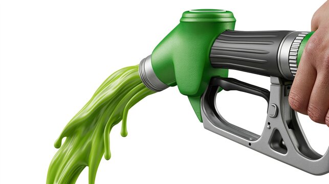 Hand grips fuel nozzle. fuel sprays dramatically from nozzle tip. White background emphasizes motion and energy. Ideal for oil, energy, or fuel-related topics