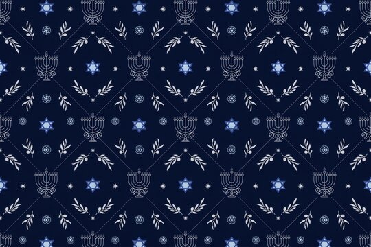 Seamless pattern with white menorahs, blue star of david symbols, and olive branches on a dark blue background, for jewish hanukkah celebration