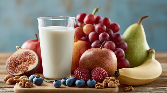 Fresh fruit and milk on a rustic plate. Red apples, grapes, berries, bananas, and nuts.