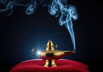 A golden brass antique oil lamp rests upon a plush red velvet cushion as ethereal blue smoke swirls into the dark atmospheric background, smoke, ethereal, vintage © Sayfar