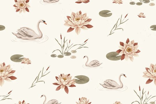 Seamless pattern with white swans swimming among lotus flowers, lily pads, and reeds on a soft light beige background, for textile