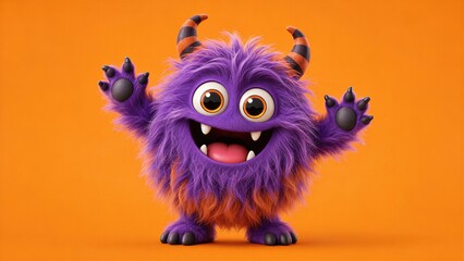 Naklejka premium Funny fluffy purple monster with horns waving hand. Cute creature character for Halloween celebration. Cheerful beast design for children party, greeting card and animation mascot concept.