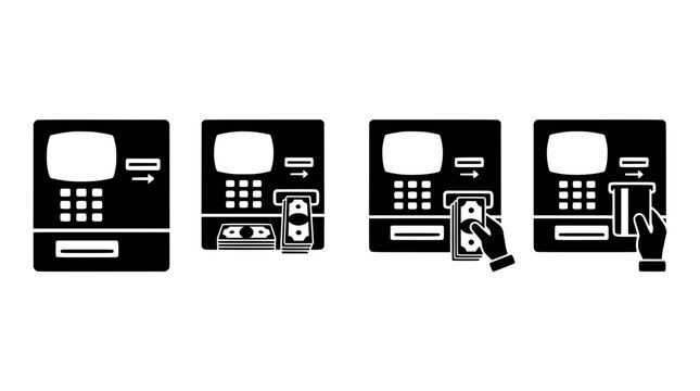 Atm machine usage process icons showing cash withdrawal and card insertion with withdrawal transaction financial terminal business technology automated currency