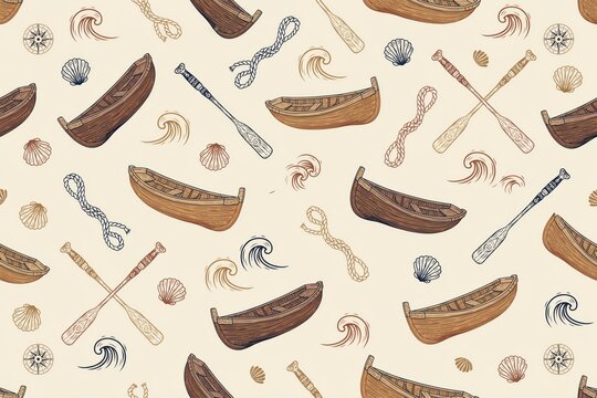 Seamless pattern with wooden canoes, crossed paddles, coiled ropes, seashells, and compass roses on a light beige background, nautical