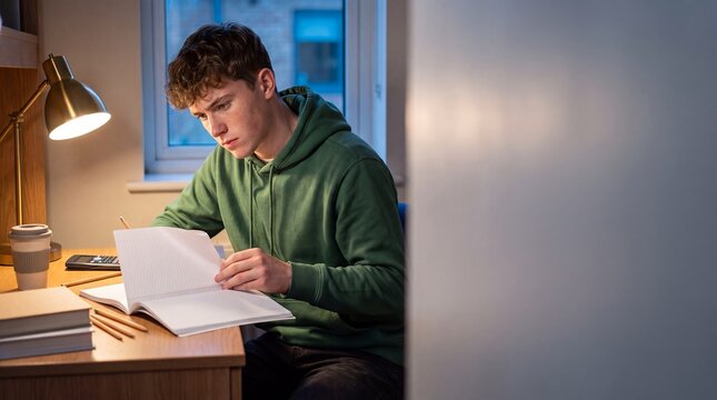 college student studying night desk books education exam preparation male reviews course notes under a desk lamp for late learning discipline concentration and academic success campaigns