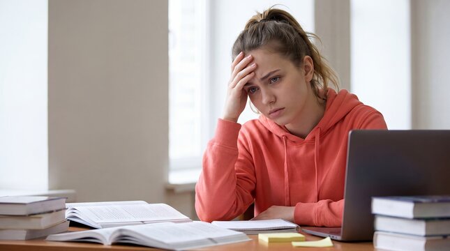 stressed college student studying exam laptop books education woman anxiety struggles with demanding coursework at a desk for academic pressure burnout support and student wellbeing campaigns