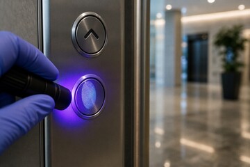 Naklejka premium Fingerprint Scanner Button With Gloved Hand