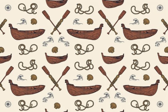 Seamless pattern with wooden rowboats, crossed oars, coiled ropes, seashells, and compass roses on a light beige background, nautical