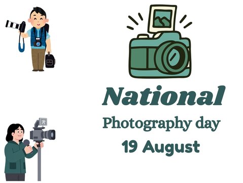 National Photography Day August 19 greeting design featuring cartoon male photographer, female videographer, and camera icon