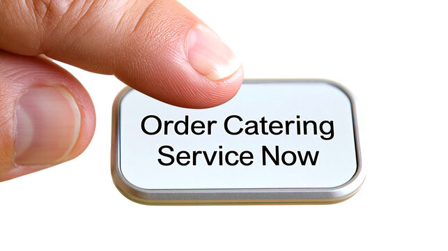 Finger pressing button with order catering service now text isolated on transparent background png cutout