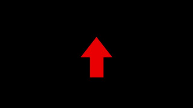 Abstract directional arrow bouncing red color upward against a stark three dimensional swipe slide up animation on a black background.
