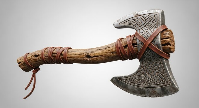 A weathered ancient axe featuring a carved stone head lashed to a rustic wooden handle with leather strips, isolated in a studio setting, flint, prehistoric, equipment