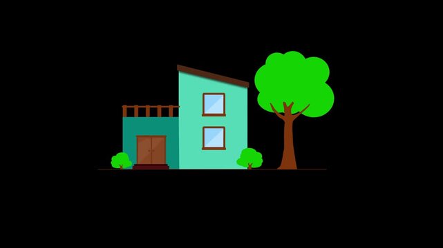 Animated Modern Flat House with Green Tree. residential house and tree isolated on a black background.