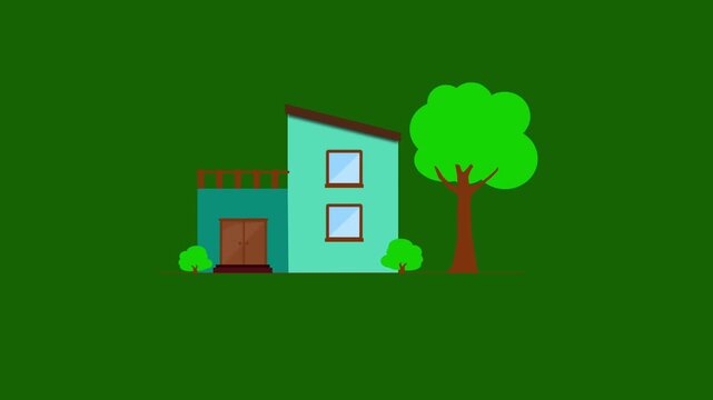 Animated Modern Flat House with Green Tree. residential house and tree isolated on a green background.