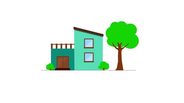 Animated Modern Flat House with Green Tree. residential house and tree isolated on a white background.