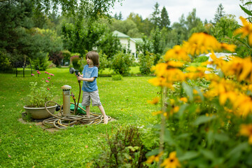 Fototapeta premium Young boy watering plants with a garden hose on a sunny summer day. Child helps with gardening and enjoys outdoor activity at home.