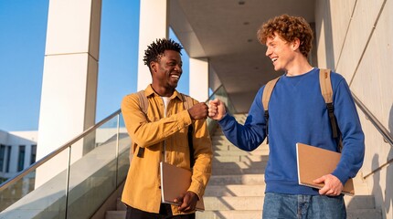 Obraz premium students campus friends friendship success teamwork celebration education men outdoors exchange a cheerful fist bump outdoors for peer support motivation and university success campaigns