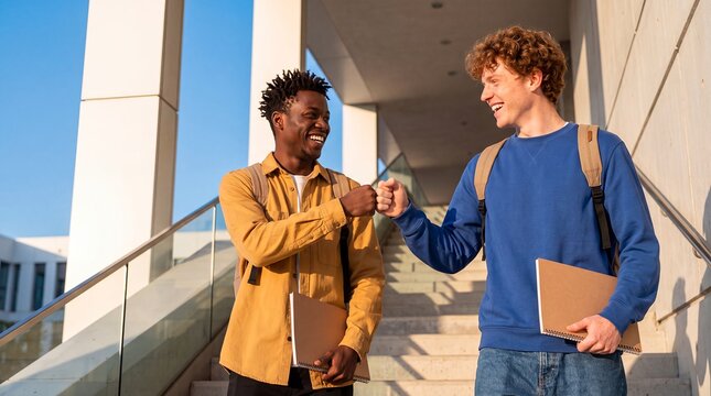 students campus friends friendship success teamwork celebration education men outdoors exchange a cheerful fist bump outdoors for peer support motivation and university success campaigns