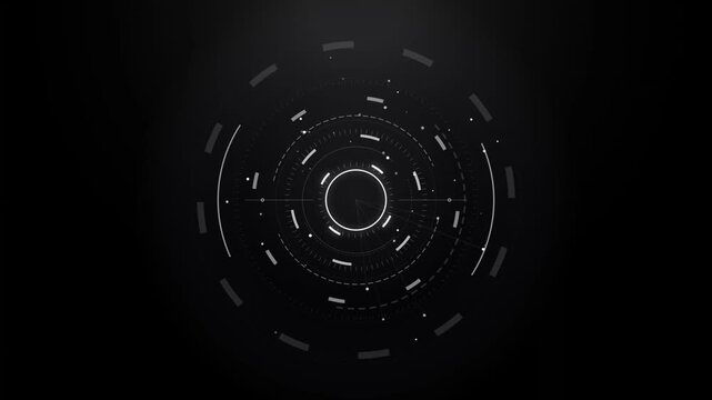 Abstract futuristic cyber target with rotating digital circles and dots on a black background loop animation.
