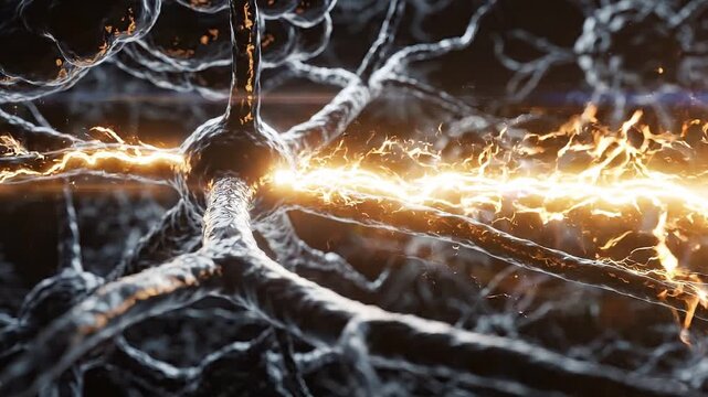 Neurons transmitting electrical impulses with visible sparks of energy in a close-up view, showcasing intricate details of neural connections and dynamic activity