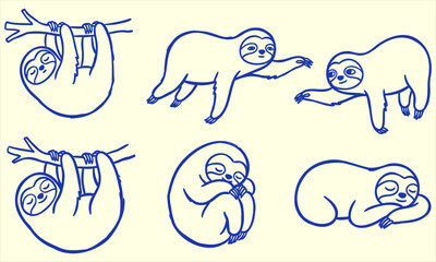 Obraz premium Whimsical sloths in various poses on a cream background hand-drawn style cute animal illustrations