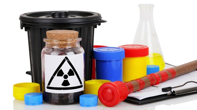 Radiation warning label on a jar sits beside lab gear