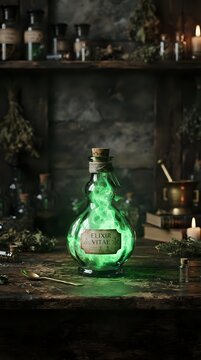Glowing green potion bottle labeled elixir vitae on rustic wooden shelf with candles and herbs, magical alchemy scene for fantasy book covers and mystical designs.