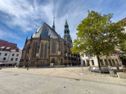 Marienplatz with Zwickau Cathedral (St. Mary's Church) in Saxony, Germany &ndash; Historic City Center and Travel Destination.