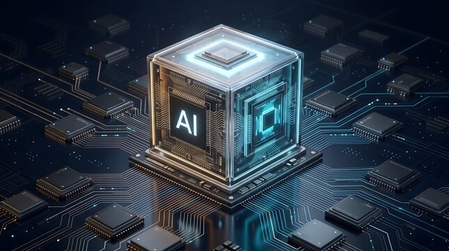 Glowing glass cube containing AI microchip on circuit board motherboard. Concept of artificial intelligence hardware, machine learning processor, and quantum computing.