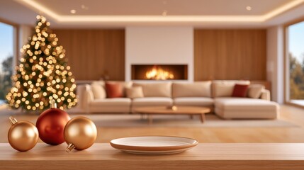 Obraz premium Cozy living room with Christmas tree and ornaments on wooden table