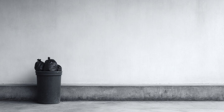 Black trash bags in bin against wall