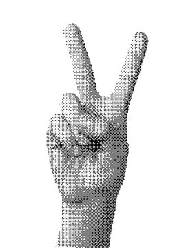 Dotted halftone illustration of a hand making a peace sign isolated on transparent background