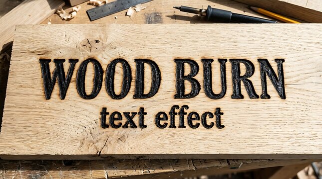 Wood burn text effect engraved on natural wooden plank surface with engraving