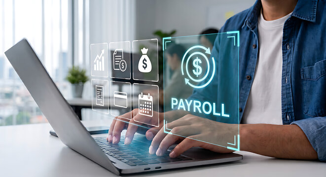 Business Professional Using Laptop with Digital Payroll and Salary Payment Interface, Online Employee Compensation, Financial Management and Modern Accounting Technology Concept