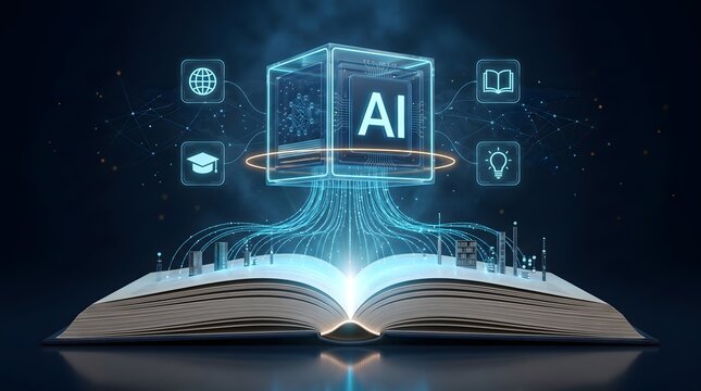 Transparent AI microchip cube emitting data streams into open book with glowing miniature city. Concept of smart city planning, artificial intelligence education, and global digital transformation.