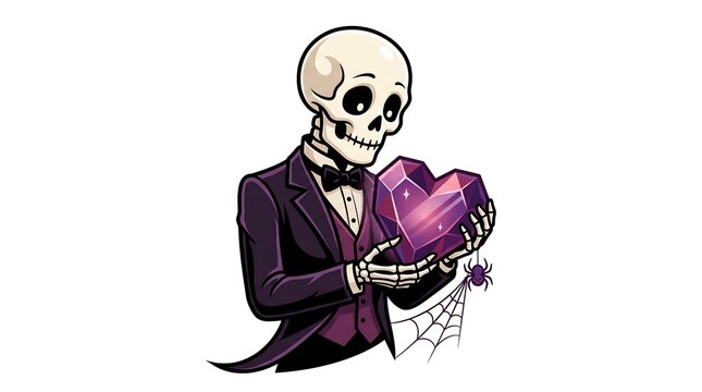 Cartoon Skeleton in Tuxedo Holding Purple Crystal Heart Vector
