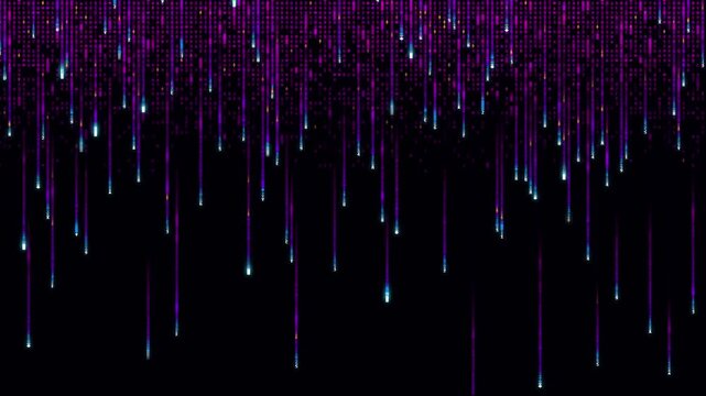 Abstract purple rain background features digital matrix style with glowing blue particles falling down dark motion graphic loop.