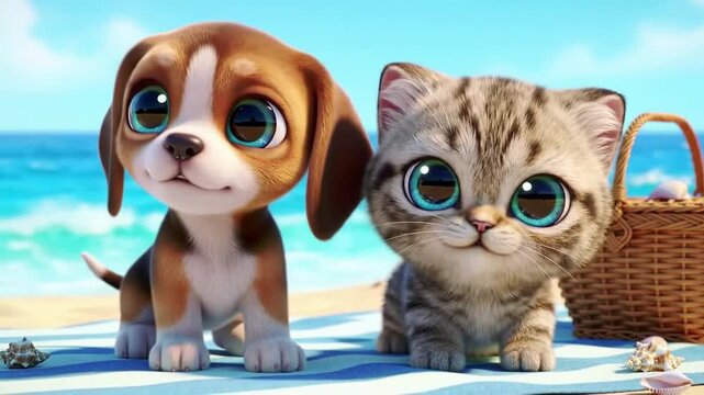 Adorable Small Beagle Puppy And Fluffy Kitten Sitting On A Beach Blanket With Vibrant Ocean Backdrop
