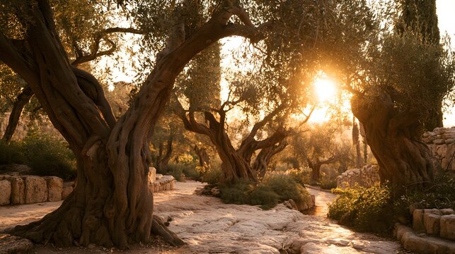 Ancient olive trees in the garden of gethsemane at sunset golden hour lighting, jerusalem