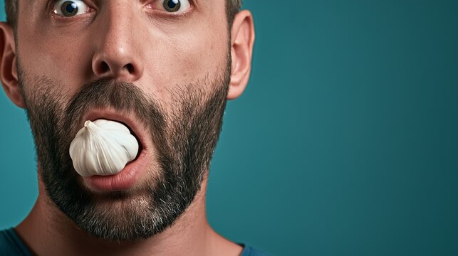 Man with a bulb of garlic in his mouth, bad breath concept with humorous