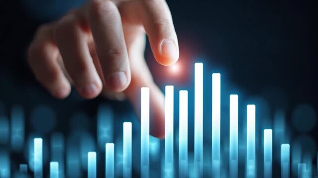 Glowing digital bar graph with blue light effects showcasing data analysis, technology innovation, and futuristic interaction in virtual interface environment