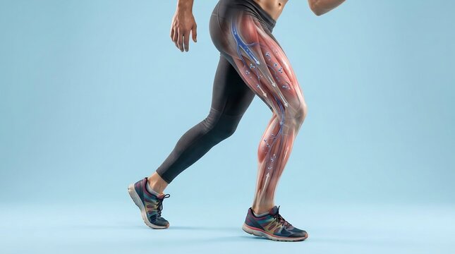 3D illustration of human leg muscles and blood flow during running for metabolic process concept