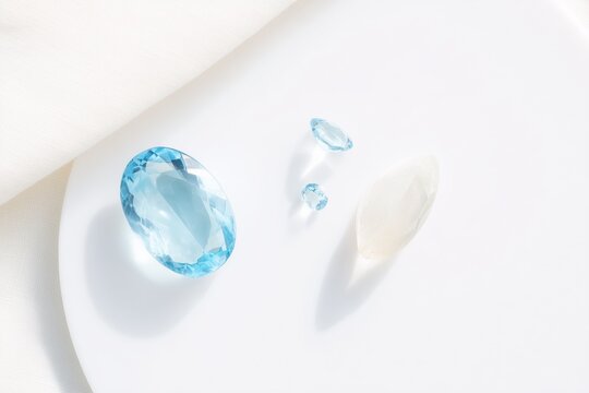 Minimalistic flat lay with blue raw topaz and pale kunzite crystals