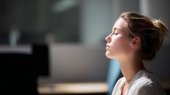 Office worker pausing to breathe quietly in a modern workspace