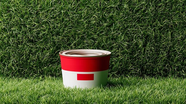 Red and white can sits on green grass