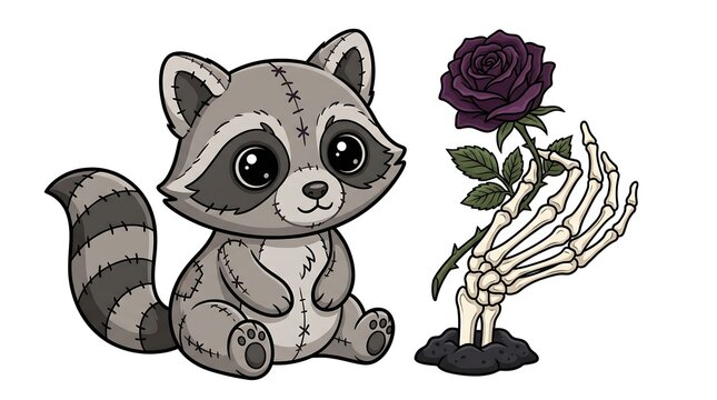 Cute Gothic Halloween Raccoon Plush and Skeleton Hand holding Black Rose Vector