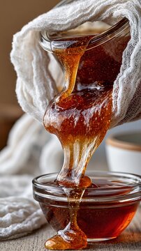 Golden honey drips from a wooden spoon. Jar rests on a soft, textured cloth.
