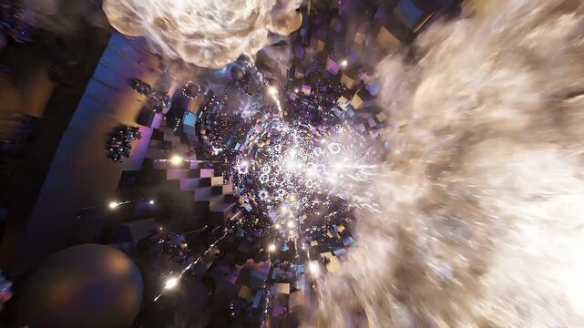 Abstract visual sequence of swirling geometric shapes and luminous particles creating dynamic motion and depth in a vibrant, colorful environment