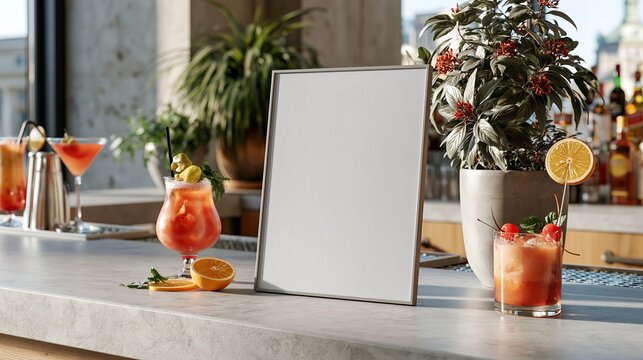 Bar counter holds vibrant cocktails and fresh fruit. White frame rests beside them, ready for text or art.